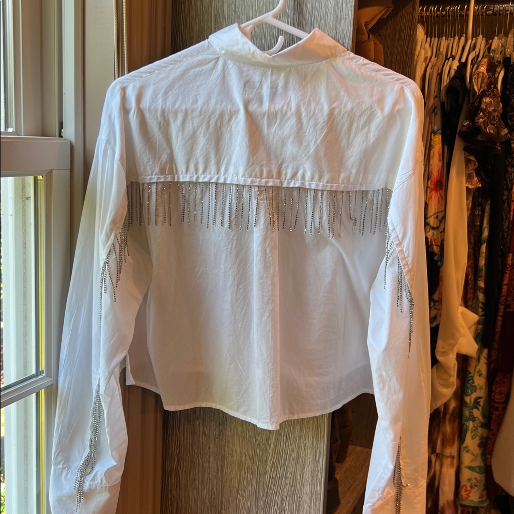 Nwt- French Connection White Button Down Shirt W/ Rhinestone Fringe Trim. Small